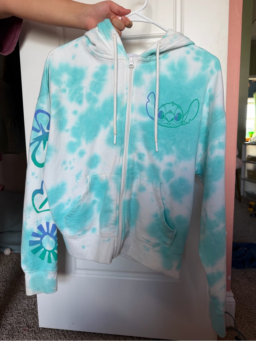 Disney Aqua and White Tie-Dye Zip Hoodie with Stitch Sleeve Graphics